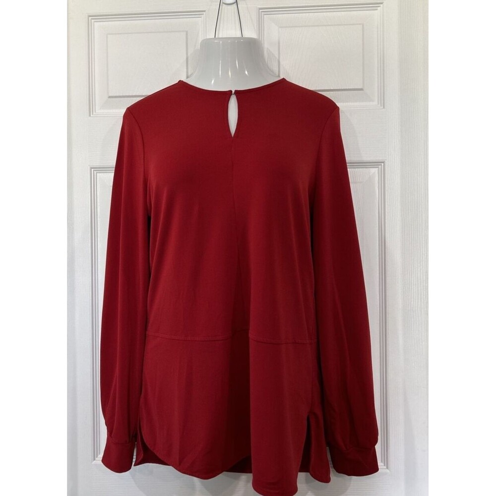 Lauren Ralph Lauren Keyhole Neck Red Stretch Georgette LS Tunic Top Blouse L